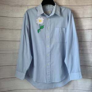 Vintage Las Olas Blue Gingham Check Button Up Shirt Embroidered Daisy Flower L